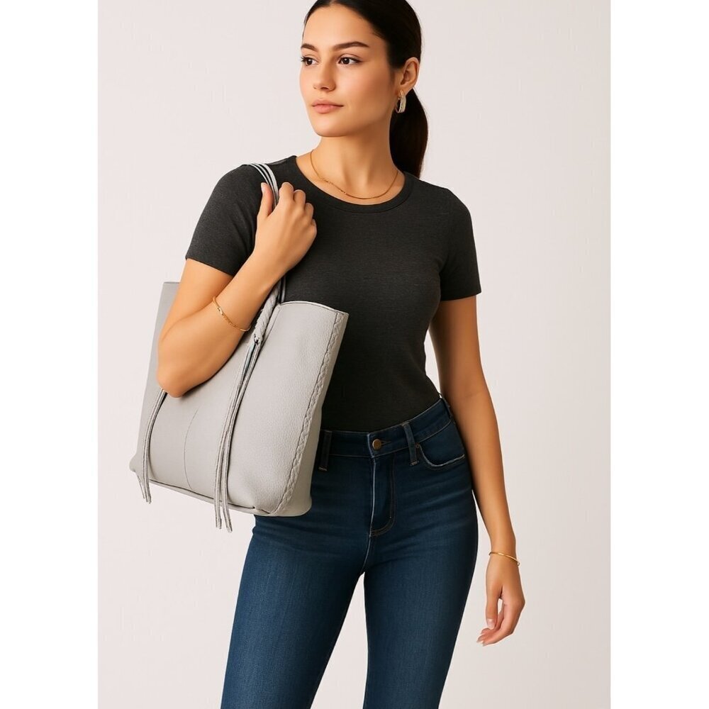 Rebecca Mincoff Large Gray Leather Tote Bag – Textured Pebbled Design, Everyday